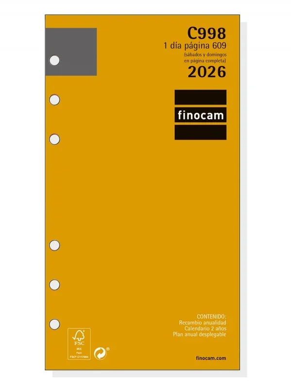 Finocam – Recambio agenda Classic 2026 1 Día Página | Enero – Diciembre (12 meses) | Recambio anual agenda C998 con 6 taladros – Español