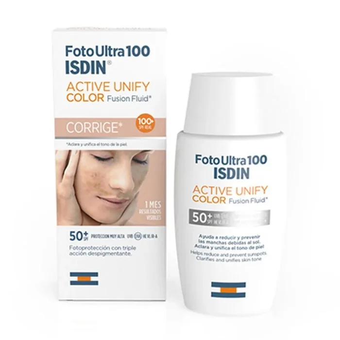 FotoUltra 100 ISDIN Active Unify Color SPF 50+ – Protector solar facial, Aclara y unifica el tono de piel, 50 ml