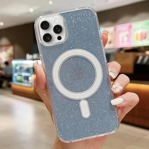 Funda Acrílico Transparente con Purpurina Magsafe para iPhone 16 Pro Max (Azul)