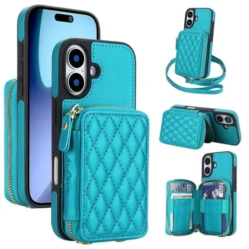 Funda AwQuer con cierre cruzado y parte trasera de cuero con diseño rómbico para iPhone 17 (verde)