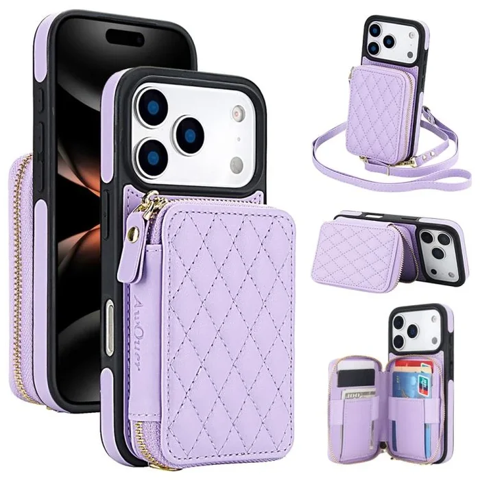 Funda AwQuer con cierre cruzado y parte trasera de cuero romboidal para iPhone 17 Pro Max (morado)