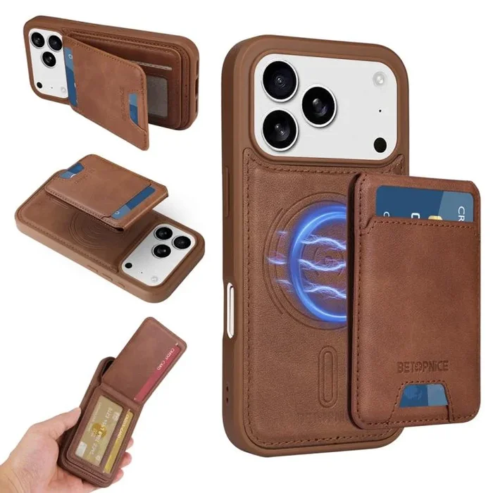 Funda BETOPNICE con tapa vertical y desmontable MagSafe para iPhone 17 Pro (marrón)