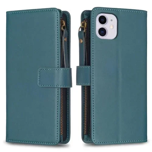 Funda Cartera para iPhone 11 9 Ranuras para Tarjetas Cremallera Cuero con Tapa (Verde)