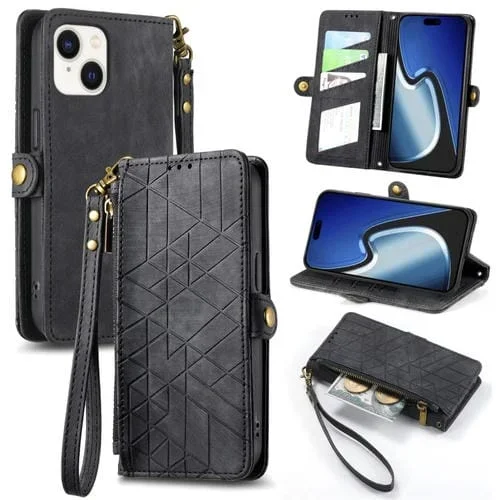 Funda Cartera para iPhone 15 con Cremallera Geométrica y Hebilla Lateral de Cuero (Negro)
