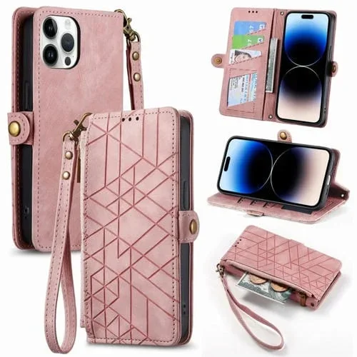 Funda Cartera para iPhone 15 Pro Max con Cremallera Geométrica y Hebilla Lateral de Cuero (Rosa)