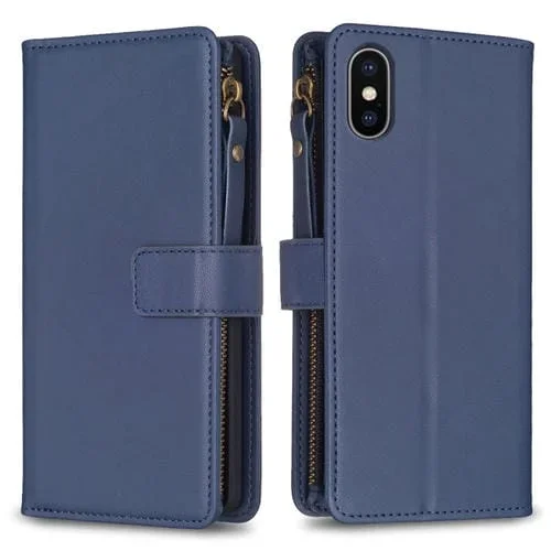 Funda Cartera para iPhone Xs / X 9 Ranuras para Tarjetas Cremallera Cuero con Tapa (Azul)