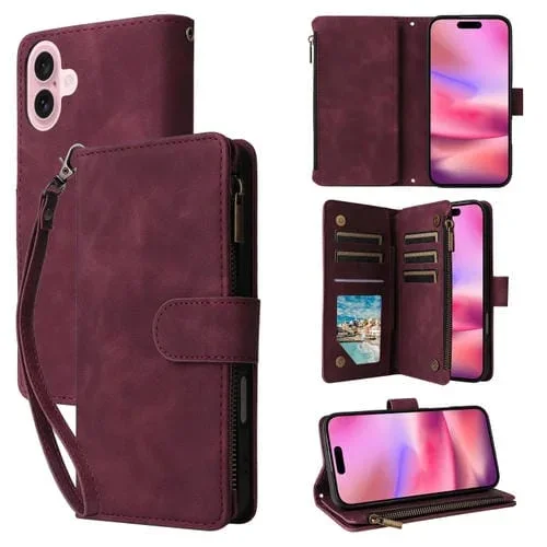 Funda Cruzada de Cuero para iPhone 16 Plus con Cremallera y Ranura para Tarjetas (Rojo Vino)