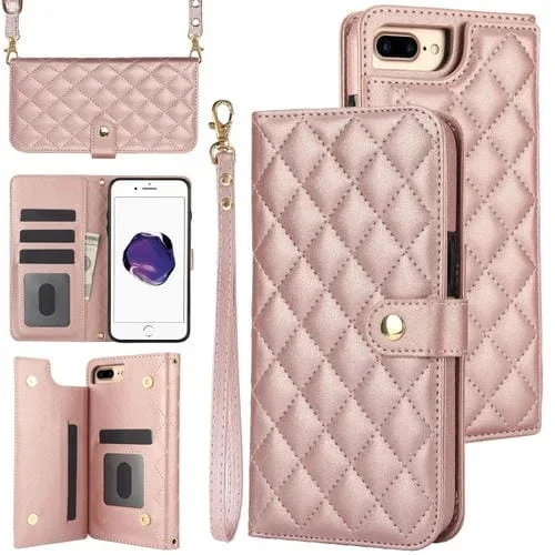 Funda Cruzada de Cuero Rómbico para iPhone 7 Plus/8 Plus Multifunción (Oro Rosa)