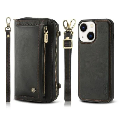 Funda Cruzada para iPhone 14 Plus Cuero con Billetera y Cremallera Multifuncional (Negro)