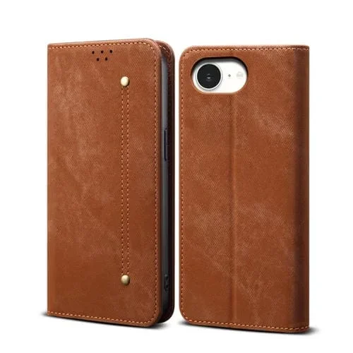 Funda Cuero con Tapa Horizontal Textura Vaquera para iPhone 16E (Marrón)