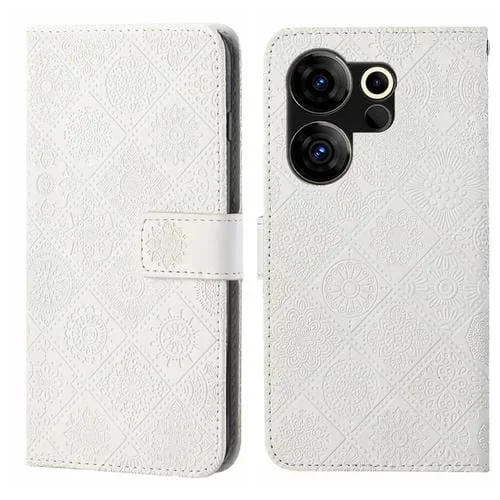 Funda Cuero Patrón En Relieve Estilo Étnico para Tecno Camon 20 Premier (Blanco)