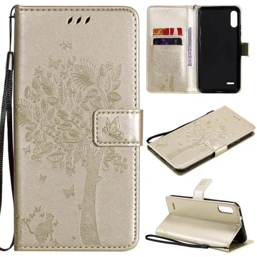 Funda Cuero PU LG K22 K22 Plus con Tapa Horizontal, Soporte, Ranuras y Cordón (Dorado)