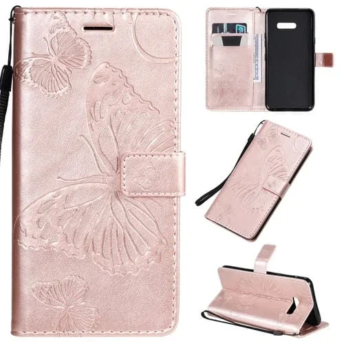 Funda Cuero PU para LG G8X con Patrón Mariposa, Tapa Horizontal, Soporte, Ranuras y Cordón (Oro Rosa)