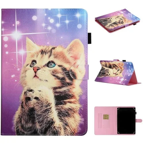 Funda Cuero PU para Tablet Universal 10 Pulgadas con Soporte y Ranura (Starry Cat)
