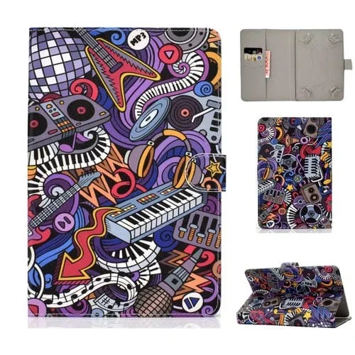 Funda Cuero PU Universal 7 Pulgadas con Tapa Horizontal, Soporte y Ranuras para Tarjetas (Graffiti)