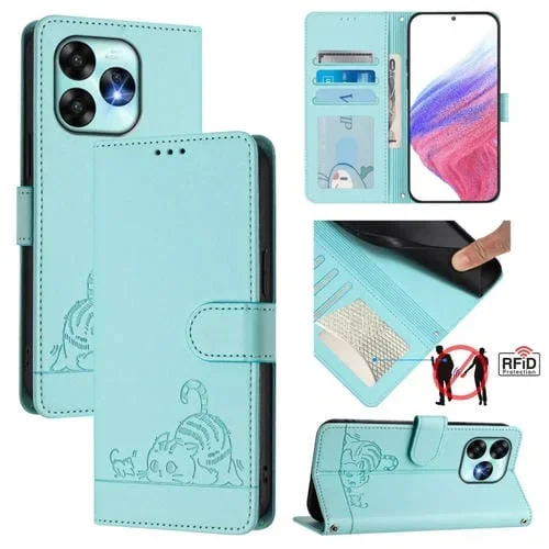 Funda Cuero Rfid Umidigi A15 A15C A15T Relieve Rata Gato con Cordón (Verde Menta)