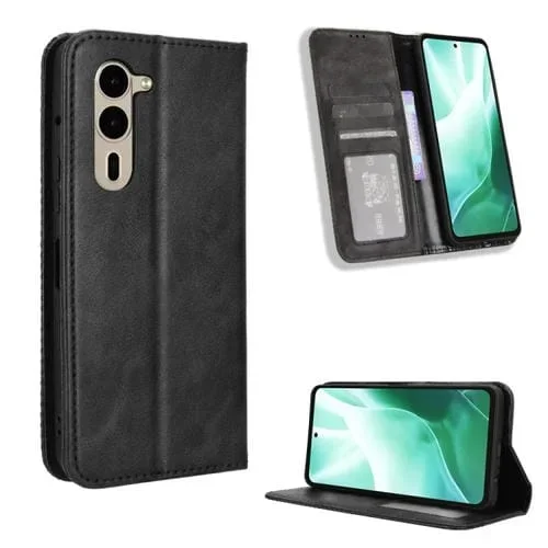 Funda Cuero Textura Retro Hebilla Magnética para Fujitsu Arrows We2 Plus (Negro)