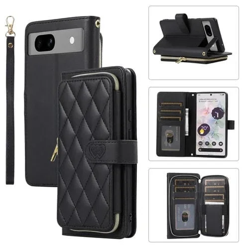 Funda Cuero Tipo Billetera con Cremallera Completa y Diseño Romboidal para Google Pixel 7A (Negra)