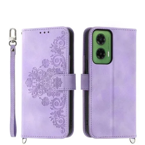 Funda Cuero Tipo Billetera Motorola Moto G55 Diseño Flores En Relieve (Morado)