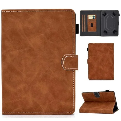 Funda Cuero Universal para Tablet Pc 10 Pulgadas con Tapa Horizontal, Soporte, Ranuras para Tarjetas y Bolígrafo (Marrón)