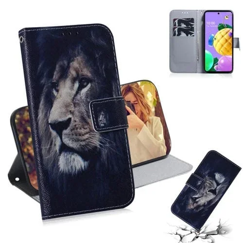 Funda de Cuero Abatible Horizontal para LG K62 K52 Q52 con Soporte y Ranuras (León)