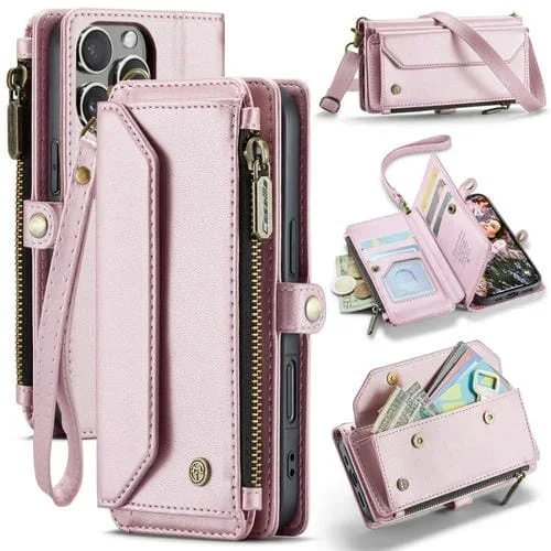 Funda de Cuero Antirrobo Caseme C36 para iPhone 16 Pro con Ranuras para Tarjetas y Billetera con Cremallera (Rosa)
