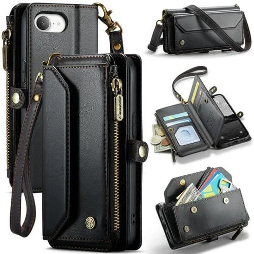 Funda de Cuero Antirrobo Caseme C36 para iPhone 16E con Ranuras y Billetera con Cremallera (Negro)