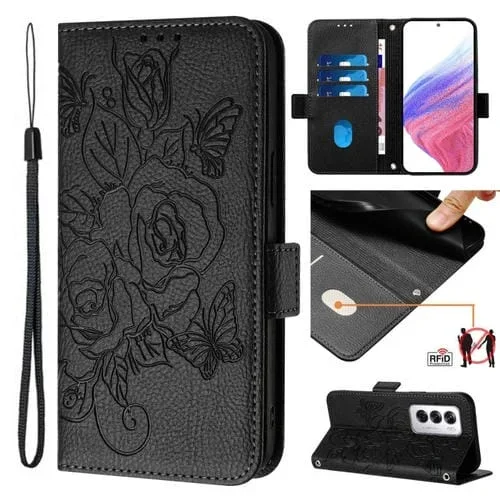 Funda de Cuero Antirrobo con Diseño de Rosa En Relieve para Oppo Reno12 Global (Negra)