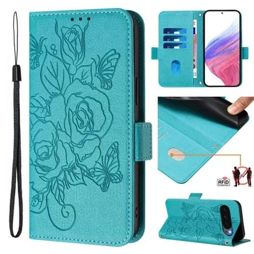 Funda de Cuero Antirrobo con RFID para Google Pixel 10 Pro XL 5G con Relieve Global (Rosa, Azul Claro)