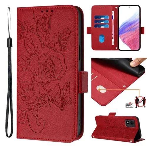 Funda de Cuero Antirrobo RFID con Relieve para TCL 303 (Rojo)
