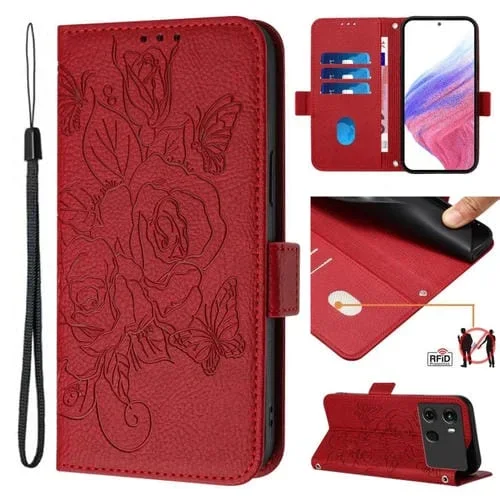 Funda de Cuero Antirrobo RFID Itel P40 con Diseño de Rosa en Relieve (Rojo)