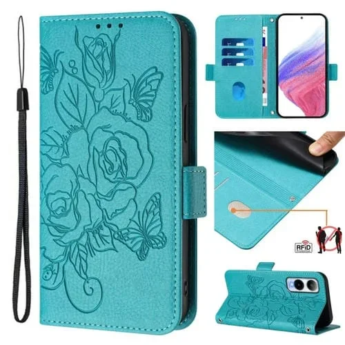 Funda de Cuero Antirrobo RFID para Cricket Icon 6 con Diseño de Rosa en Relieve (Azul Claro)