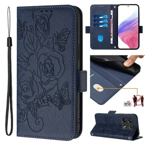 Funda de Cuero Antirrobo RFID para Infinix Note 30 Pro y Note 30 5G con Relieve Rosa (Azul Oscuro)