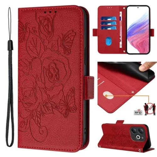 Funda de Cuero Antirrobo RFID para Infinix Smart 8 con Rosa en Relieve (Rojo)