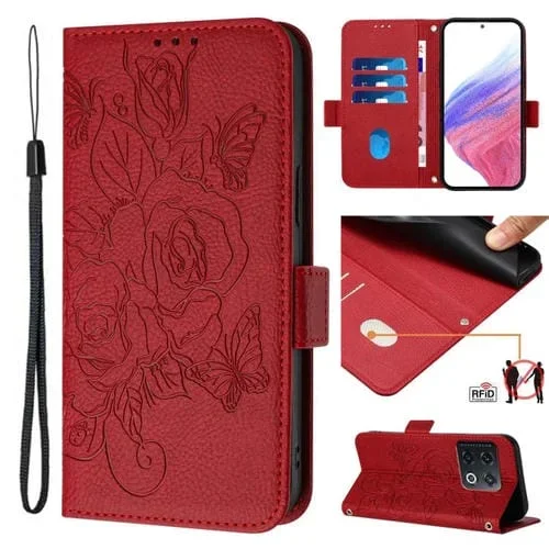 Funda de Cuero Antirrobo RFID para OnePlus 10 Pro 5G con Relieve Rosa (Rojo)