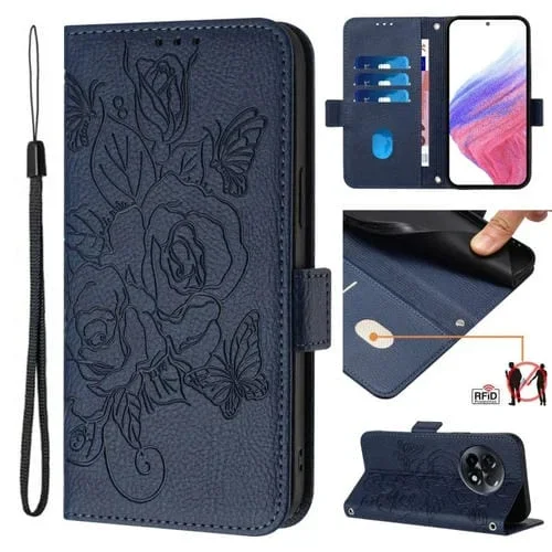 Funda de Cuero Antirrobo RFID para OnePlus 11R 5G con Relieve Rosa (Azul Oscuro)