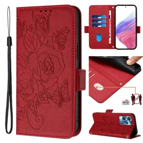 Funda de Cuero Antirrobo RFID para Oukitel C32 con Relieve Rosa (Rojo)