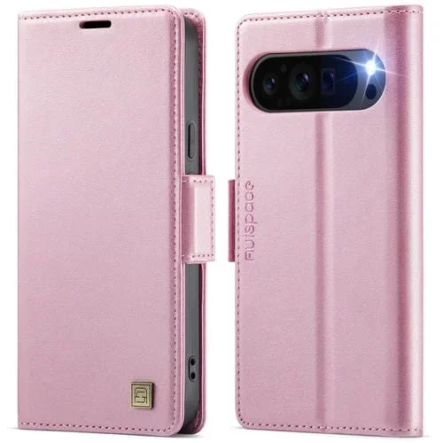 Funda de Cuero Autspace A11 para Google Pixel 9/9 Pro con Hebilla Lateral Magsafe y Rfid (Oro Rosa)