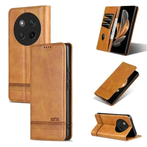 Funda de Cuero Azns con Tapa Magnética y Textura de Piel de Becerro para Honor X60 Pro (Marrón Claro)