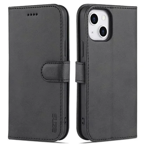 Funda de Cuero Azns Skin Feel Calf Texture para iPhone 13 Mini con Tapa Horizontal, Ranuras para Tarjetas, Soporte y Billetera (Negro)