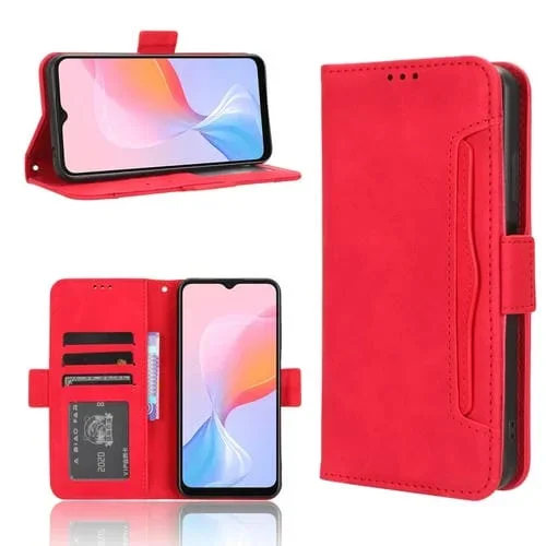 Funda de Cuero BlackView A85 con Textura Becerro y Ranuras para Tarjetas (Rojo)
