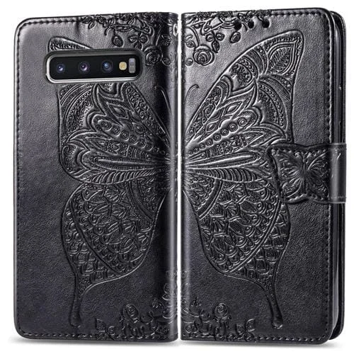 Funda de Cuero Butterfly Love Flowers para Galaxy S10 con Tapa Horizontal, Soporte, Ranuras para Tarjetas, Billetera y Cordón (Negro)