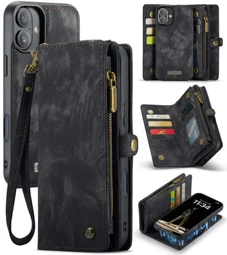 Funda de Cuero Caseme 008 para iPhone 16 Desmontable y Multifuncional (Negra)