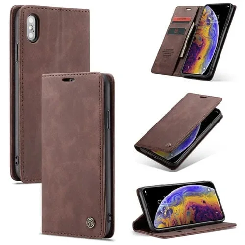 Funda de Cuero Caseme-013 para iPhone Xs Max con Tapa Horizontal Esmerilada, Ranura para Tarjeta, Soporte y Billetera (Café)