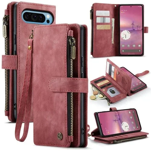 Funda de Cuero Caseme C30 para Google Pixel 9 Pro XL con Cremallera y Ranuras para Tarjetas (Vino)