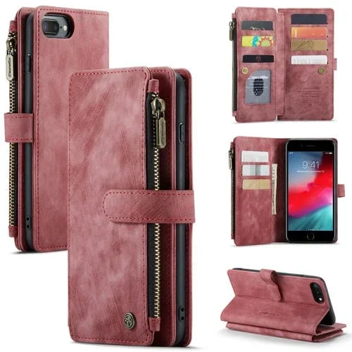 Funda de Cuero Caseme-C30 para iPhone 8 Plus 7 Plus 6 Plus con Soporte Ranura Tarjeta Bolsillo Cremallera (Rojo)