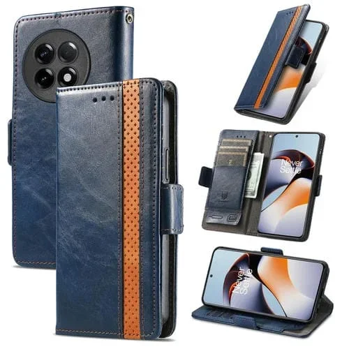Funda de Cuero Caseneo para OnePlus Ace 2 con Splicing y Hebilla Magnética Dual (Azul)