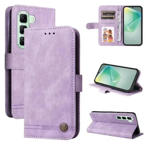 Funda de Cuero con Botones de Metal y Diseño Árbol de la Vida para Infinix Hot 50 5G (Morado)