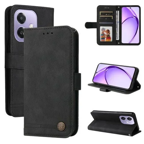 Funda de Cuero con Botones de Metal y Diseño de Árbol de la Vida para Oppo A3X 4G/A3X 5G (Negro)