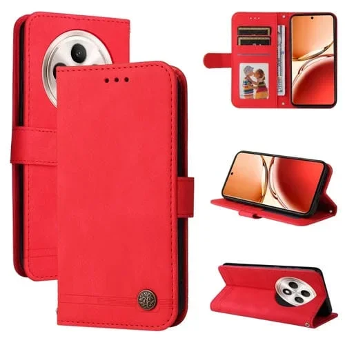 Funda de Cuero con Botones de Metal y Diseño de Árbol de la Vida para Oppo Reno12 F 5G Global Skin Feel (Rojo)